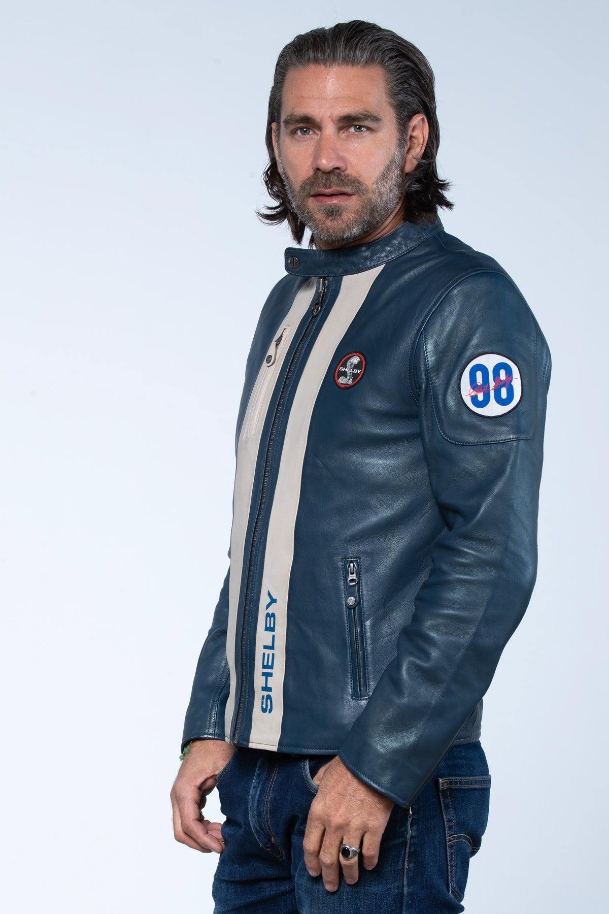 Royal blue sheepskin jacket, lightweight and racing-inspired. - Image n°3