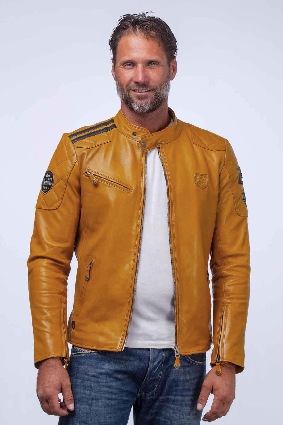 A sporty yellow sheepskin jacket inspired by Le Mans racing heritage. - Image n°2