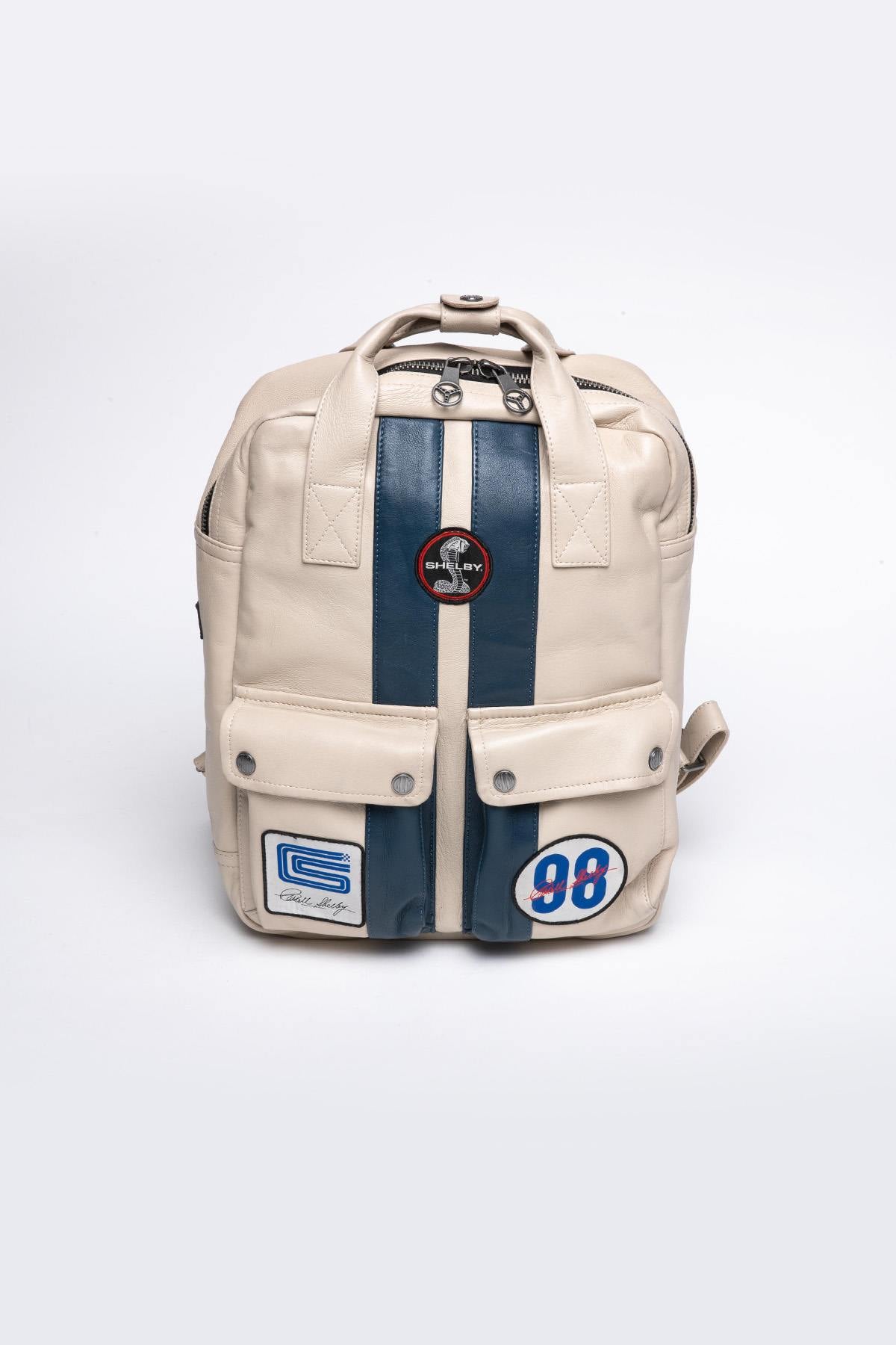 Ecru racing style leather backpack - Image n°1
