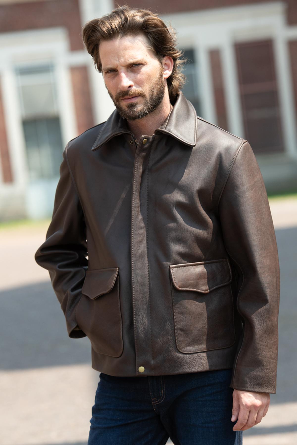 Pre-distressed cowhide Indiana Jones jacket. Full-cut, rugged style. - Image n°8