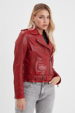 Slim red sheep leather jacket with zip fastening and bold rock style. - Image n°4