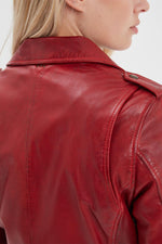 Slim red sheep leather jacket with zip fastening and bold rock style. - Image n°7