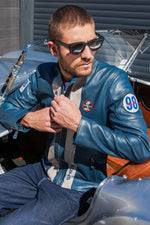 Royal blue sheepskin jacket, lightweight and racing-inspired. - Image n°2