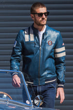 Royal blue sheep leather jacket inspired by Shelby Cobra's legacy. - Image n°1