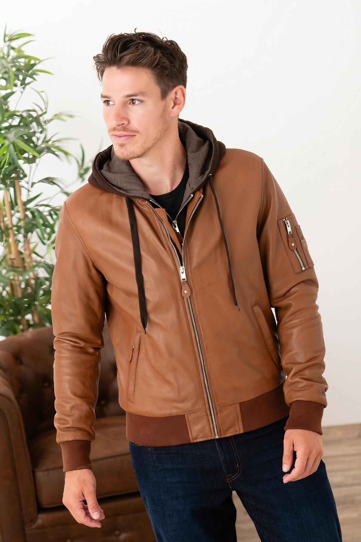 Cognac lambskin bomber: slim fit, removable hood, timeless style. - Image n°1