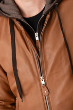 Cognac leather jacket with facing and hood - Image n°3