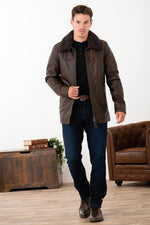 Brown cowhide aviator jacket by Schott, removable fur collar and zip. - Image n°5