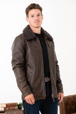 Straight cowhide leather jacket with removable fur collar - Image n°9