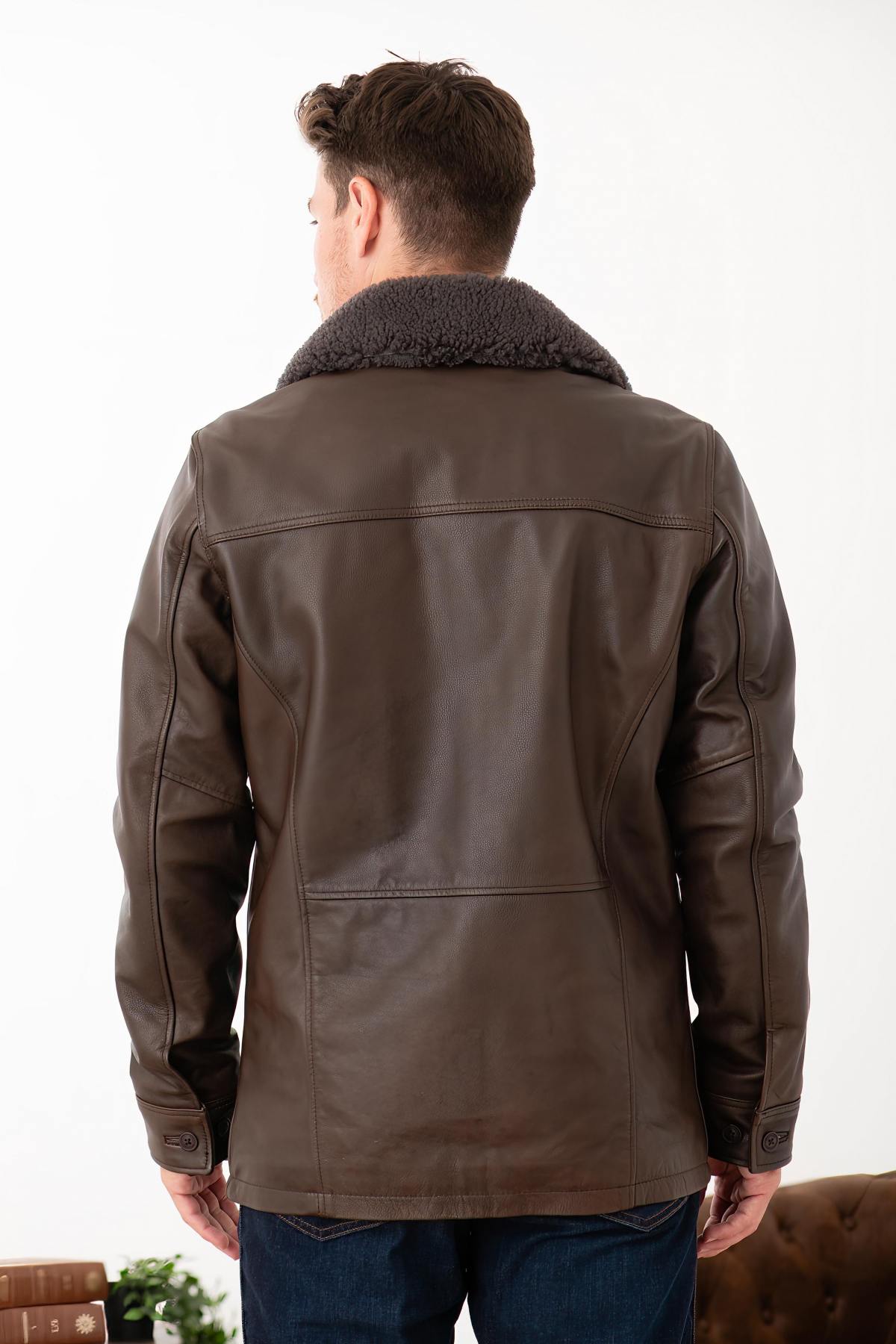 Brown cowhide aviator jacket by Schott, removable fur collar and zip. - Image n°4
