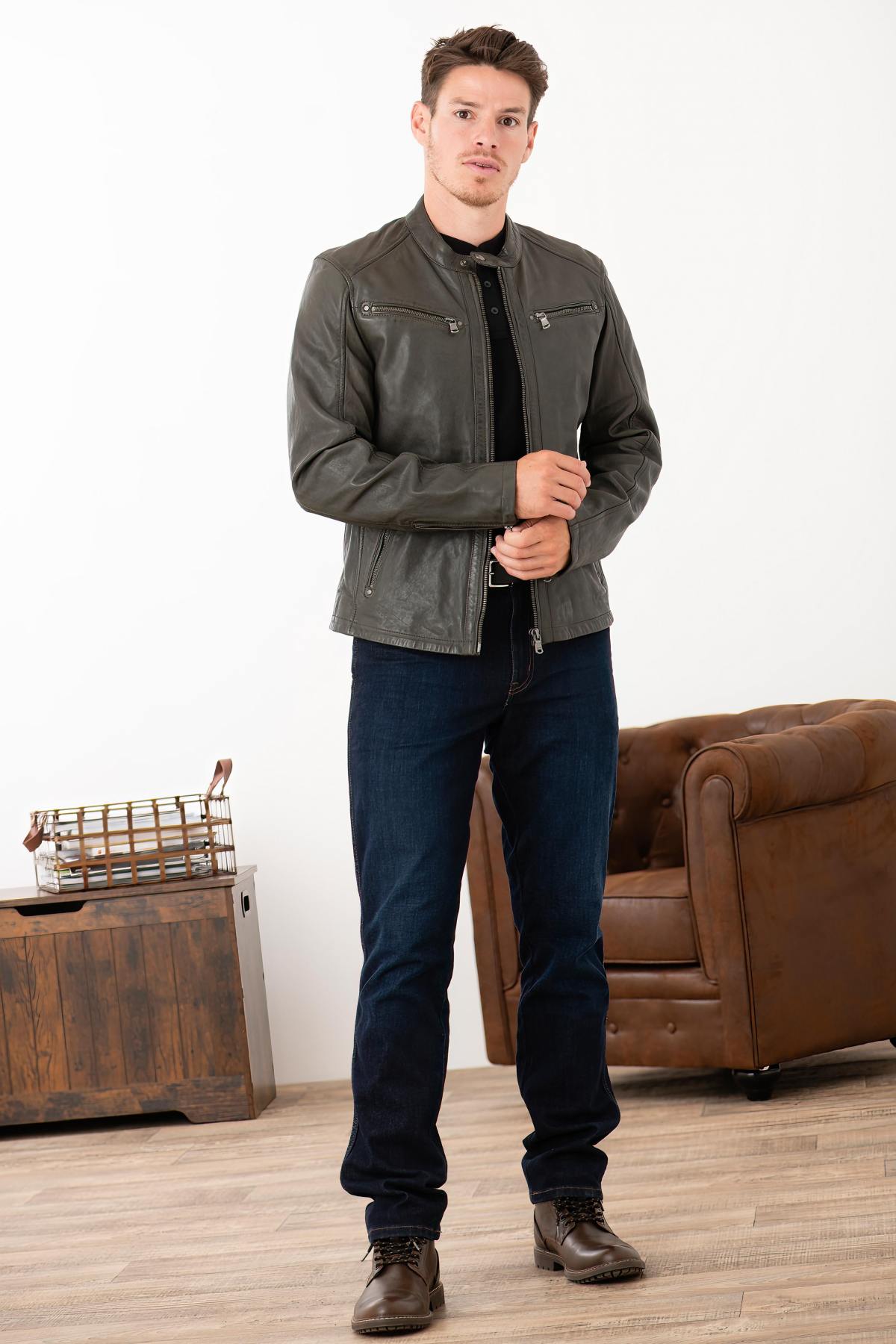 Khaki lambskin moto jacket with a regular fit, rugged yet elegant. - Image n°6