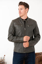 Khaki lambskin moto jacket with a regular fit, rugged yet elegant. - Image n°8