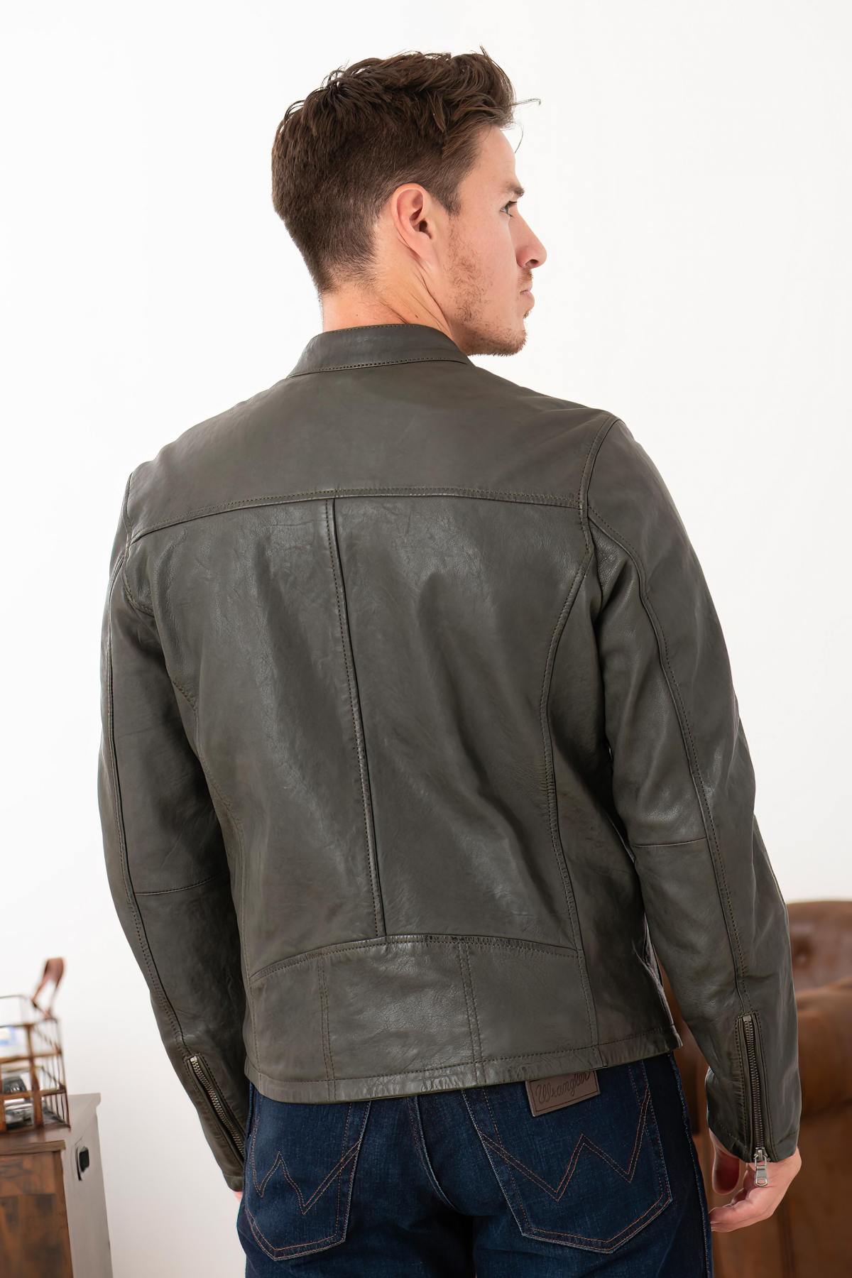 Khaki lambskin moto jacket with a regular fit, rugged yet elegant. - Image n°2