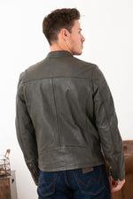 Khaki lambskin moto jacket with a regular fit, rugged yet elegant. - Image n°2