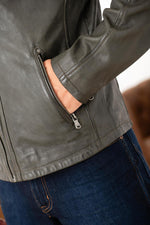 Khaki lambskin moto jacket with a regular fit, rugged yet elegant. - Image n°9