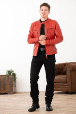 Red sheepskin jacket, skinny cut, motard edge-perfect year-round wear. - Image n°10