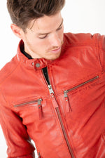 Red sheepskin jacket, skinny cut, motard edge-perfect year-round wear. - Image n°5