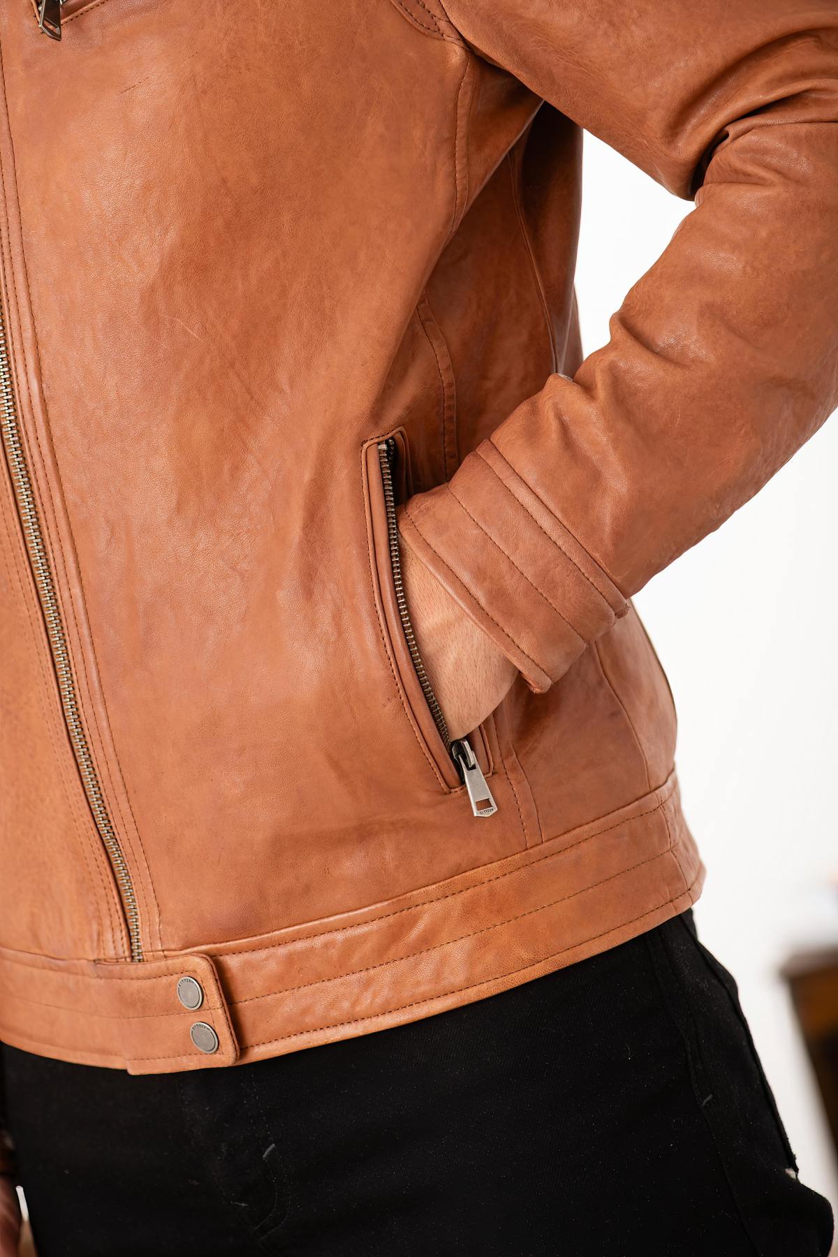 Leather jacket with stand-up collar - Image n°6