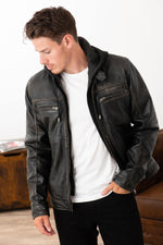 Black sheepskin jacket with a rub-off finish and removable hood. - Image n°3