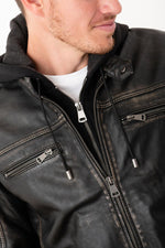 Black sheepskin jacket with a rub-off finish and removable hood. - Image n°4