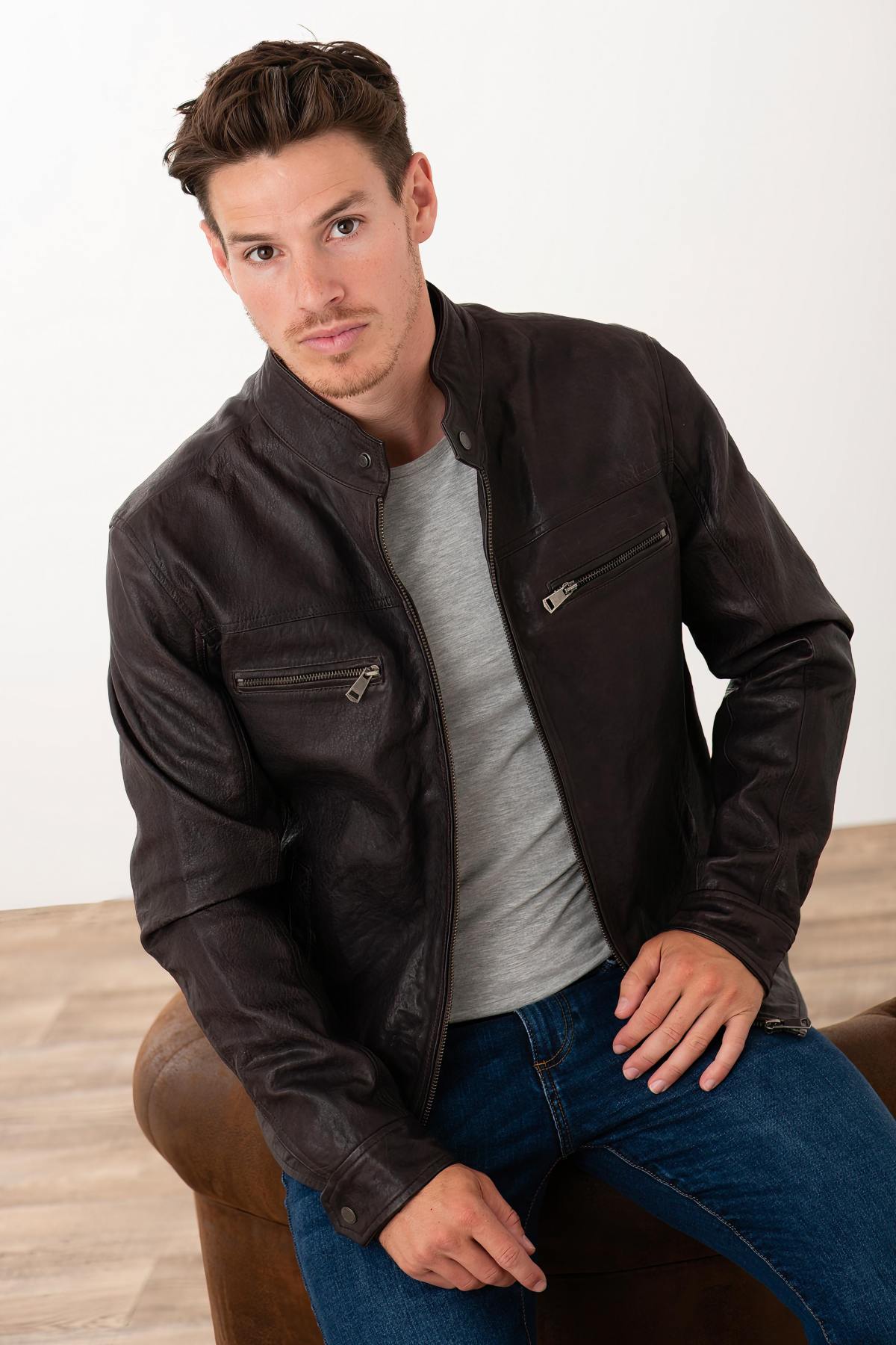Brown leather biker-collar jacket - Image n°1