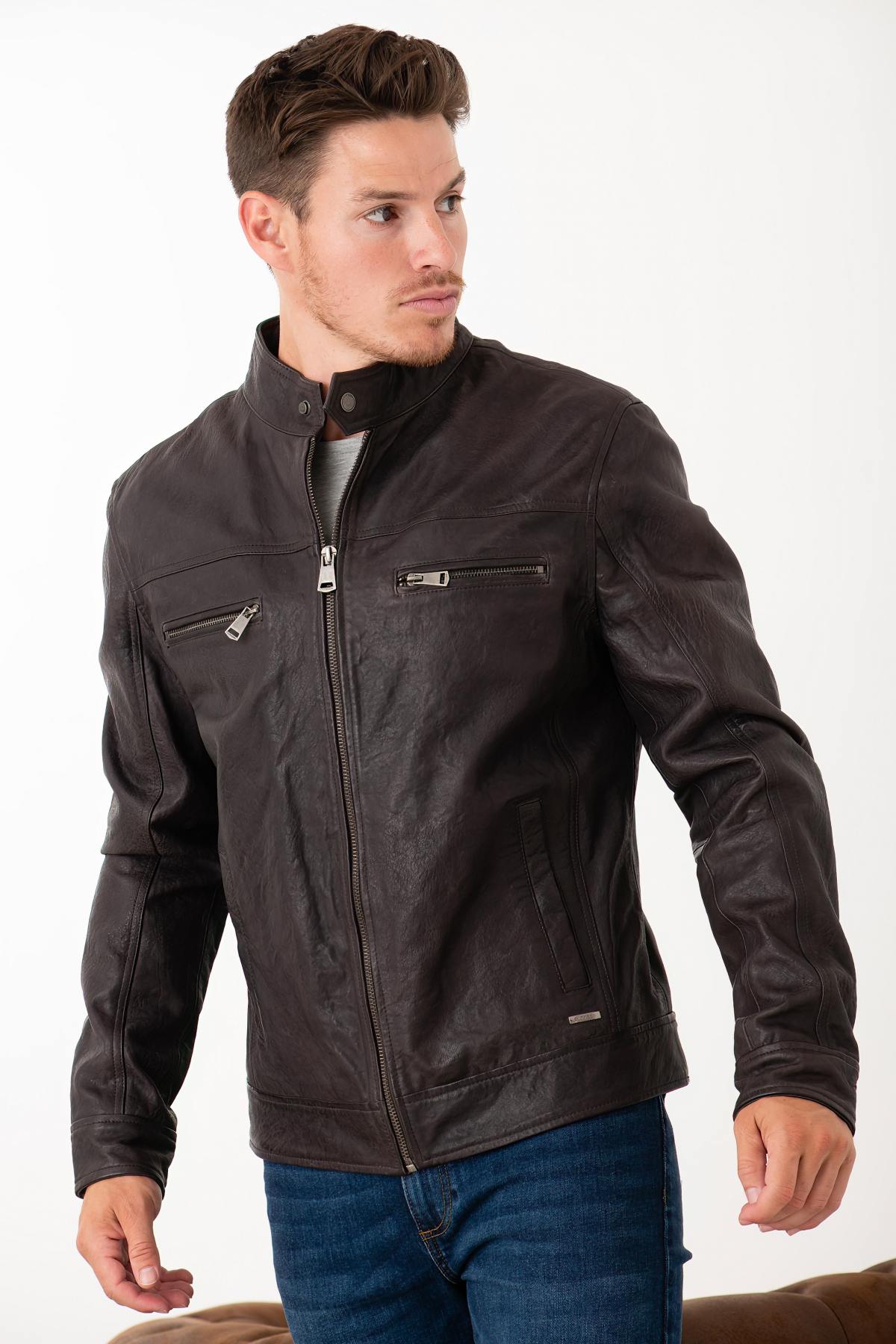 Brown leather biker-collar jacket - Image n°3