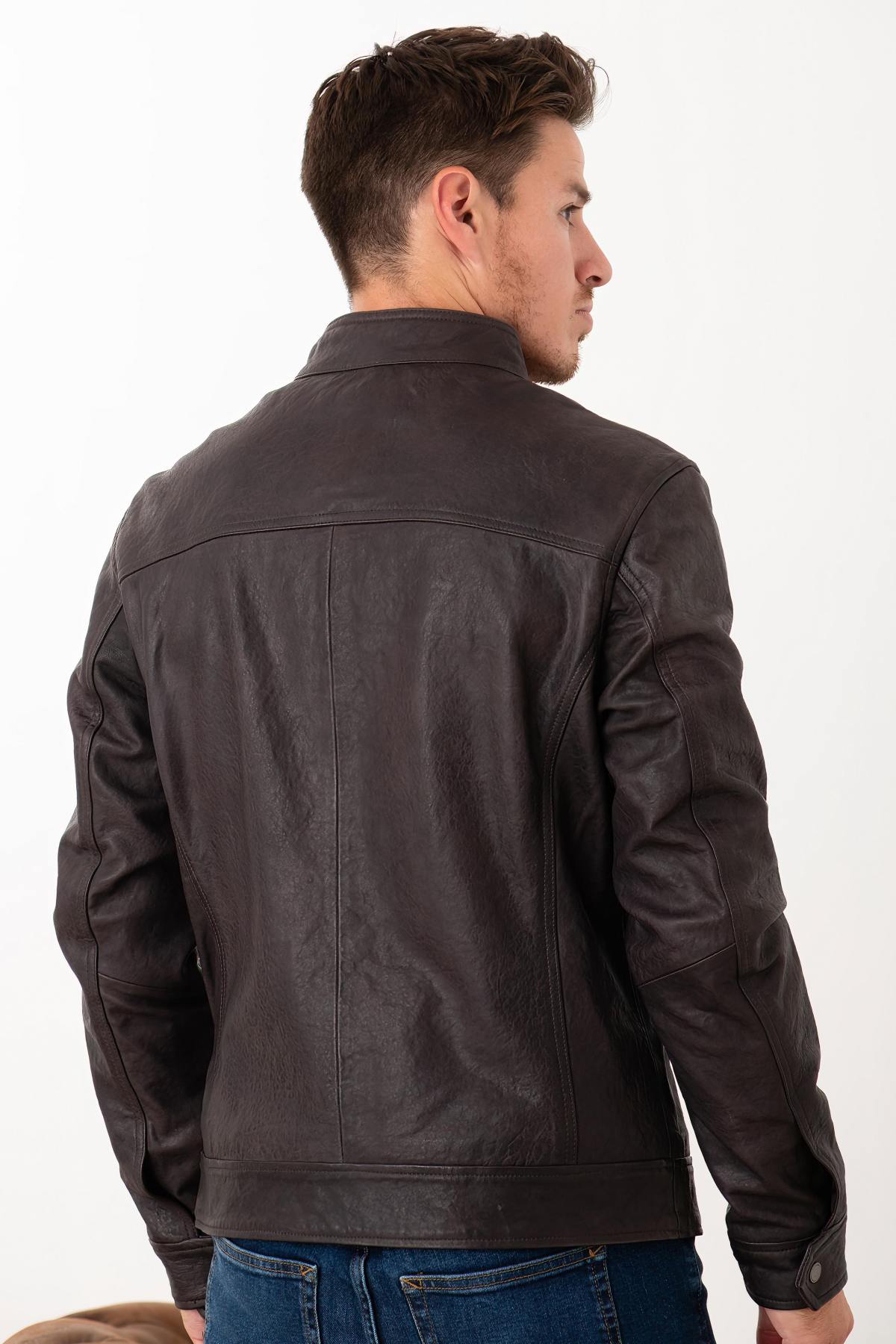 Brown leather biker-collar jacket - Image n°4