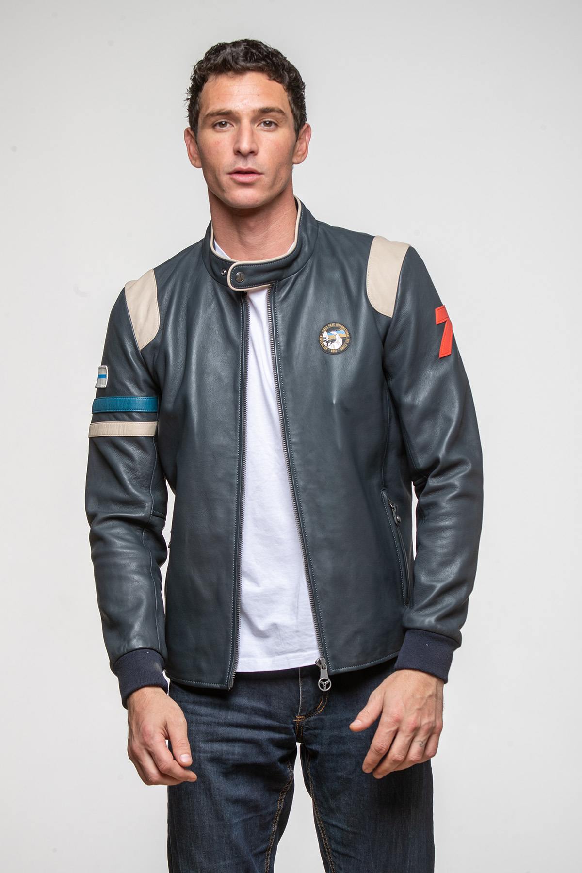 Ari Vatanen navy blue racing leather jacket - Image n°9