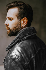 Aged black sheepskin aviator jacket with removable collar. - Image n°3