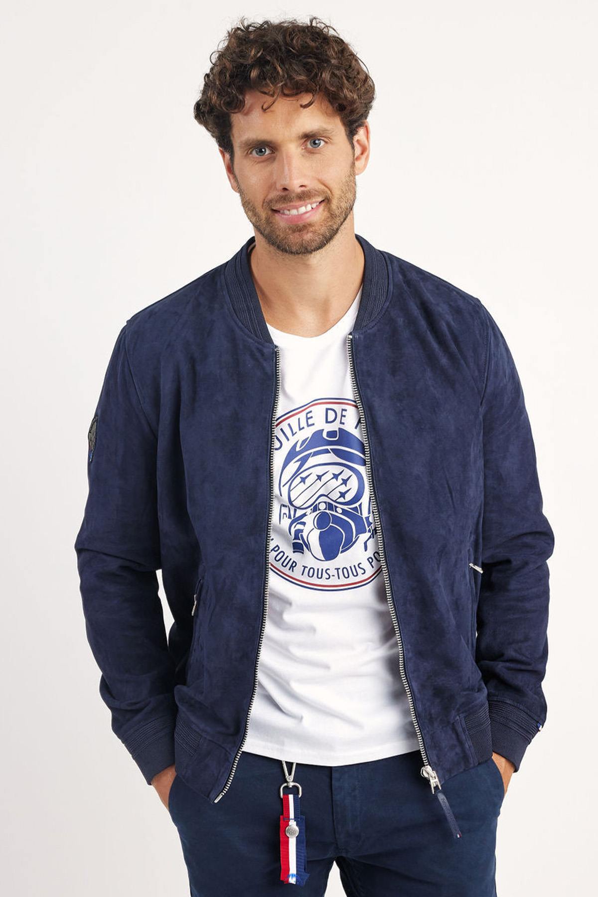 Navy suede goatskin jacket by Redskins, slim fit, aviation-inspired. - Image n°5