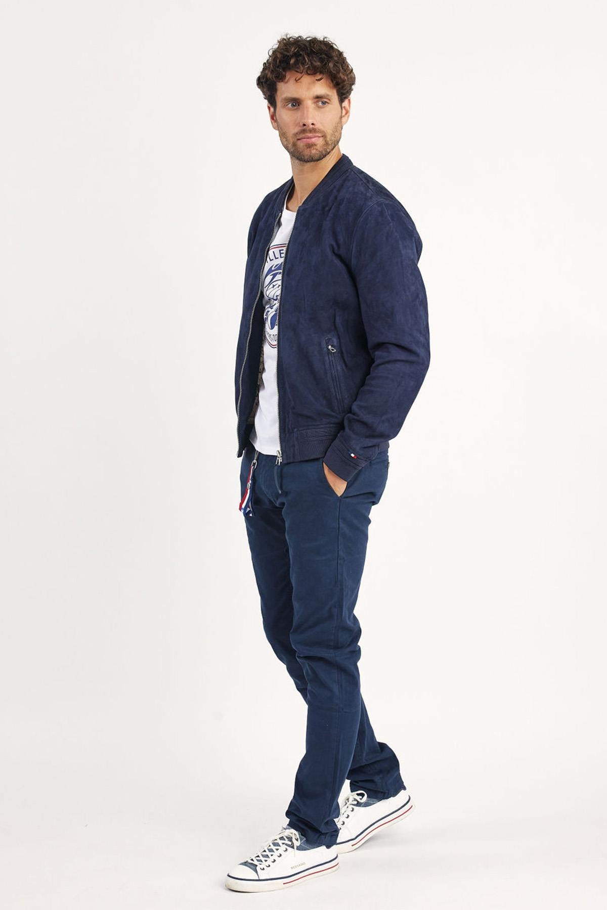 Navy suede goatskin jacket by Redskins, slim fit, aviation-inspired. - Image n°7