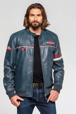 A sleek royal blue sheepskin jacket with sporty contrast stitching. - Image n°5