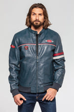 A sleek royal blue sheepskin jacket with sporty contrast stitching. - Image n°7