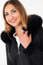 Three-quarter navy lambskin jacket, silky nappa finish, tailored fit. - Image n°3