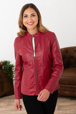 Slim-fit lambskin jacket in deep red, moto collar for modern elegance. - Image n°7