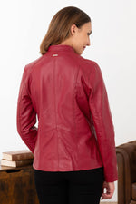 Slim-fit lambskin jacket in deep red, moto collar for modern elegance. - Image n°4