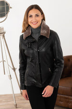 Black leather jacket with removable fur collar - Image n°6