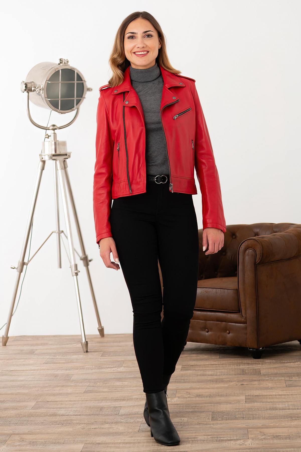 Women's dark red leather Biker Jacket - Image n°3