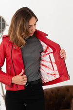 Women's dark red leather Biker Jacket - Image n°8