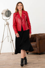 Red pearl lambskin biker jacket, sleek and versatile for any look. - Image n°3