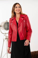 Red pearl lambskin biker jacket, sleek and versatile for any look. - Image n°1