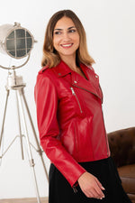 Red pearl lambskin biker jacket, sleek and versatile for any look. - Image n°5
