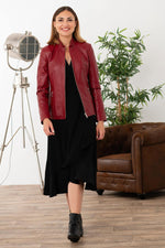 Glossy pomegranate lambskin jacket, skinny fit-bold and chic. - Image n°2