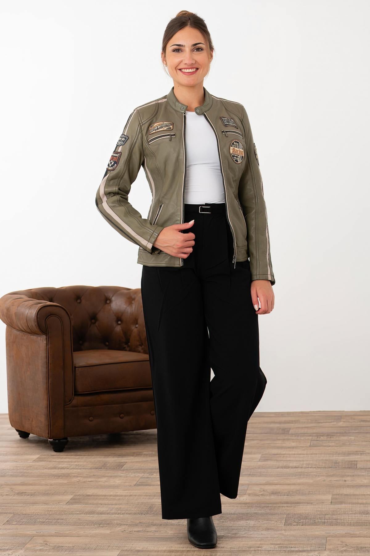 Slim khaki lambskin jacket, biker-inspired. Soft, light, all-season wear. - Image n°6