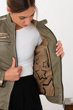 Slim khaki lambskin jacket, biker-inspired. Soft, light, all-season wear. - Image n°8