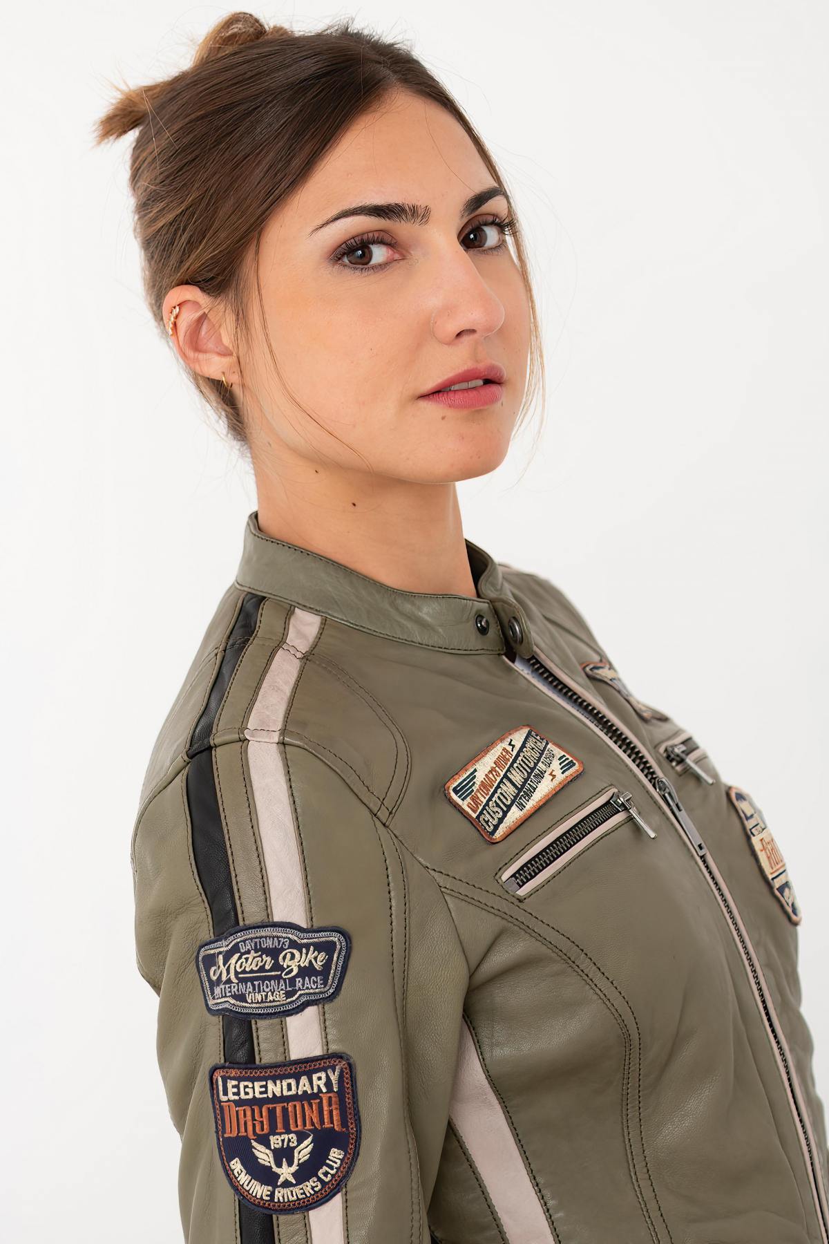 Slim khaki lambskin jacket, biker-inspired. Soft, light, all-season wear. - Image n°7
