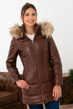Cognac lambskin jacket, quilted and warm. Detachable fur hood. - Image n°6