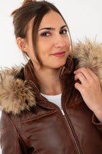 Cognac lambskin jacket, quilted and warm. Detachable fur hood. - Image n°3