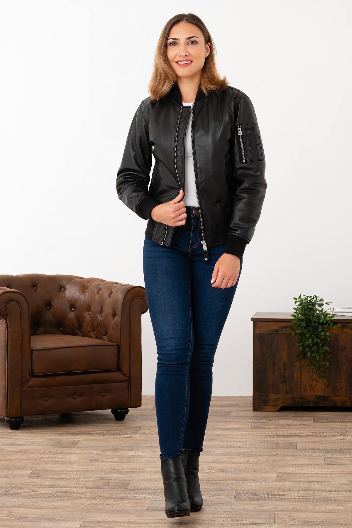 Black leather bomber jacket for women - Image n°10