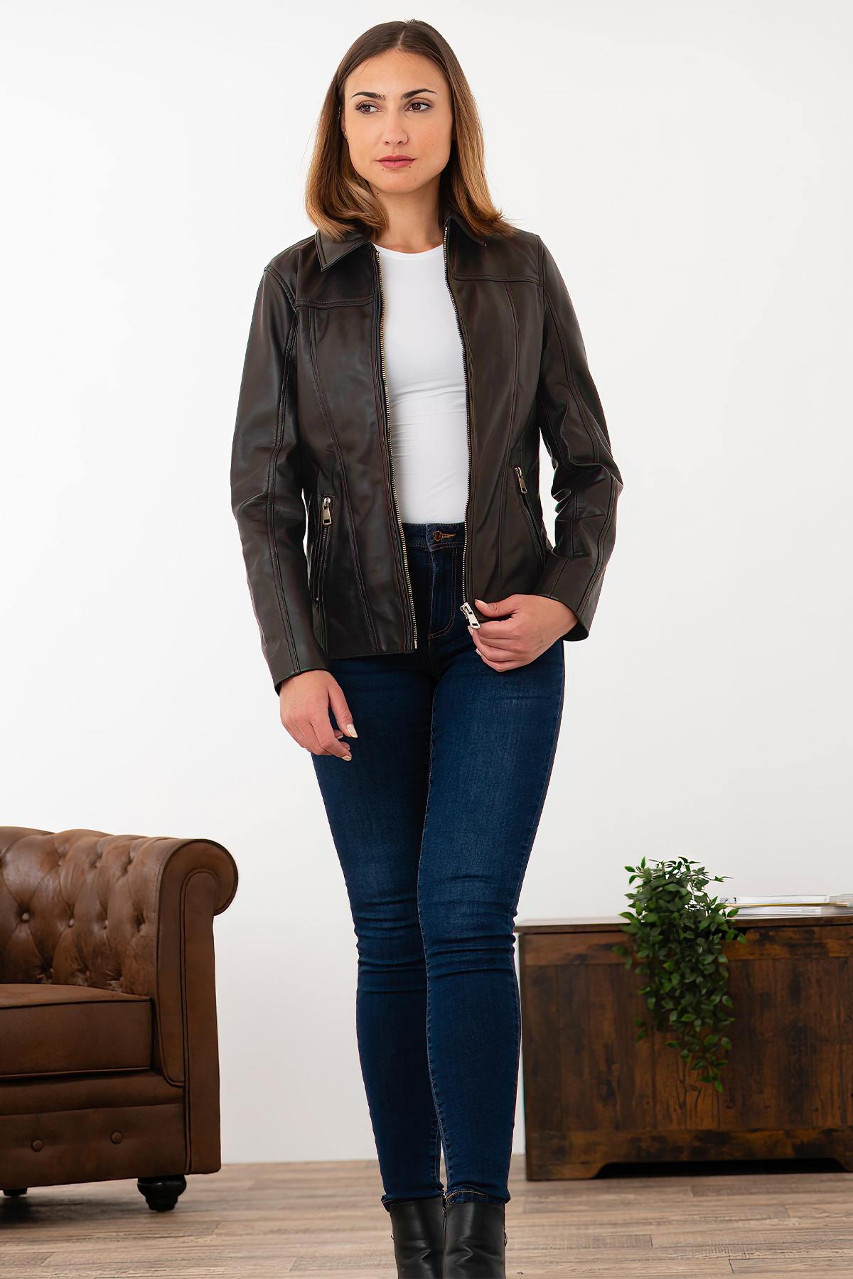 Soft sheep leather jacket in warm brown, slim fit with a shirt collar. - Image n°2