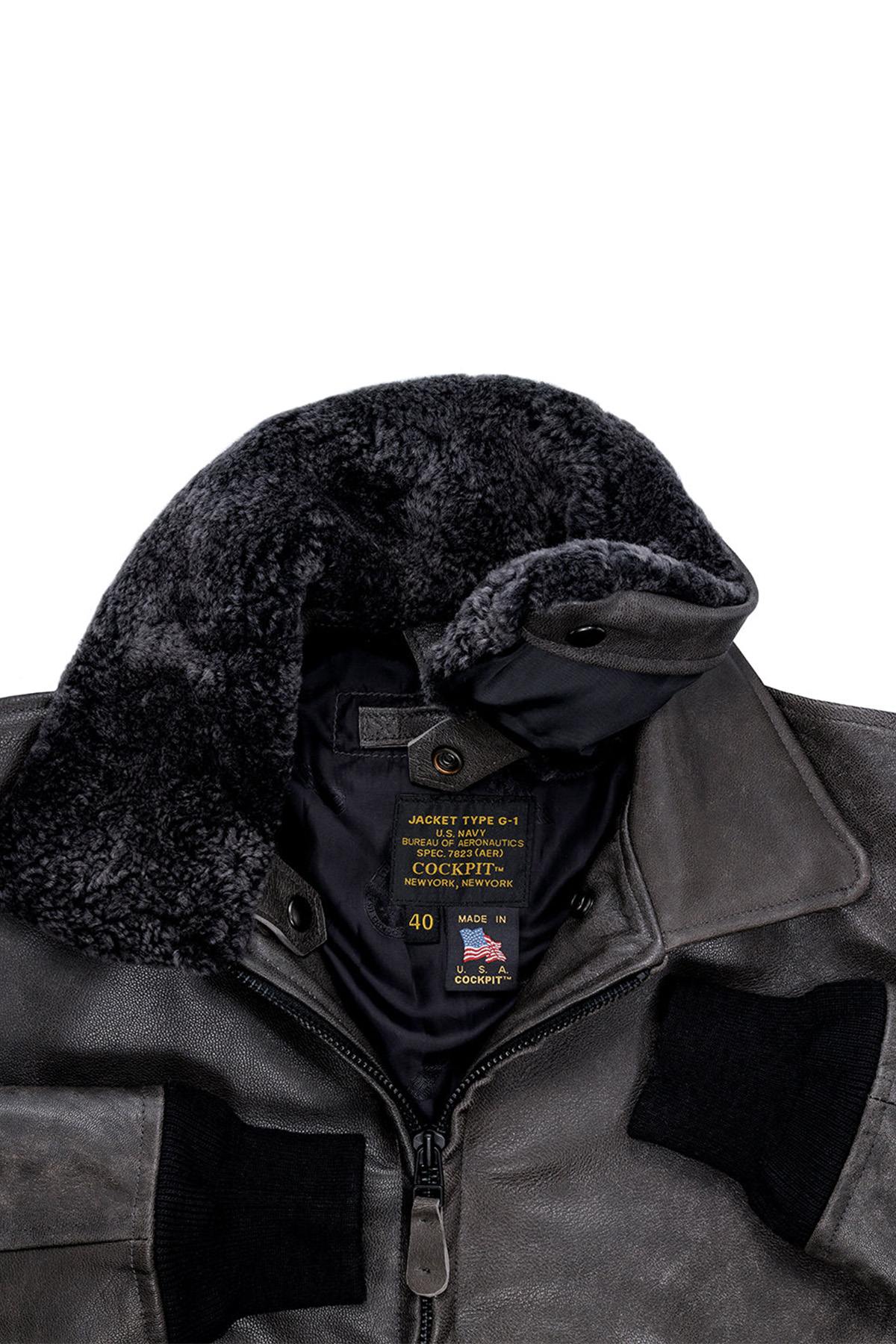 Aged leather aviator jacket with fur collar - Image n°9